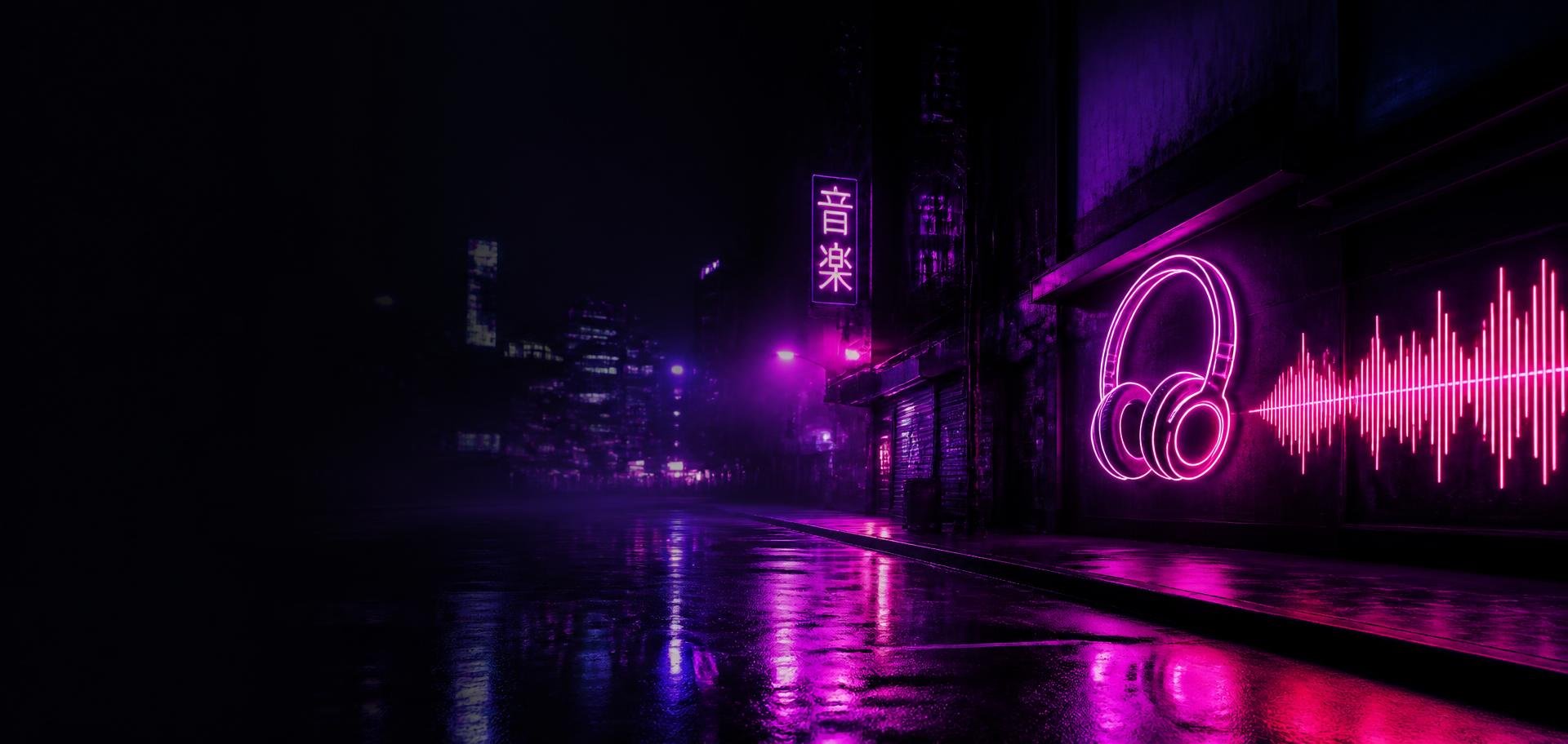 Ciudad nocturna con luces de neón moradas y letrero de VOXA RADIO